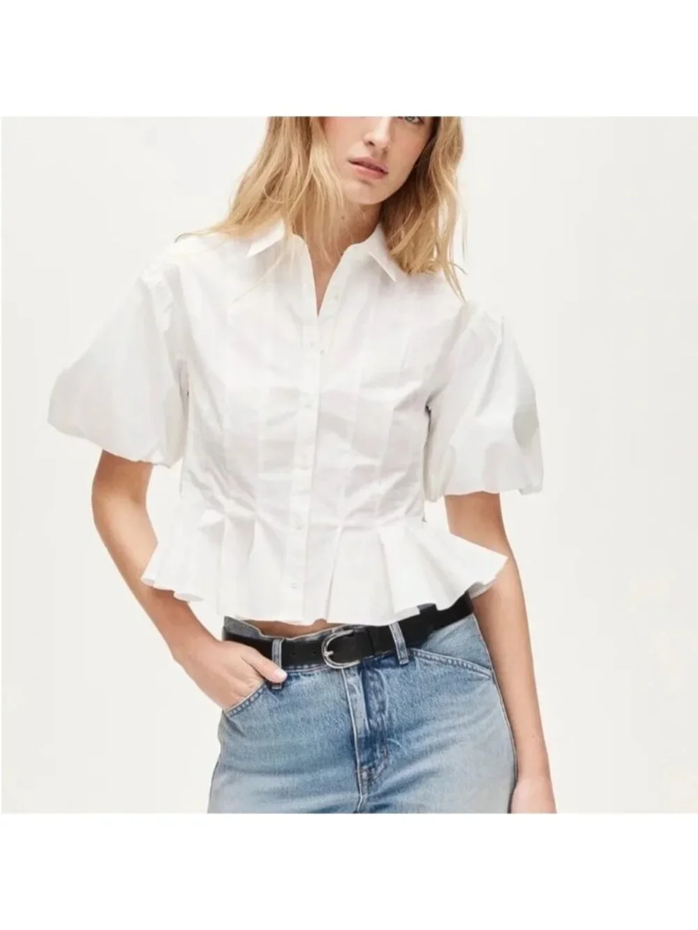 J.Crew Puff-Sleeve Button-Up Shirt Sz 10 White Slim Peplum Top Coquette Romantic